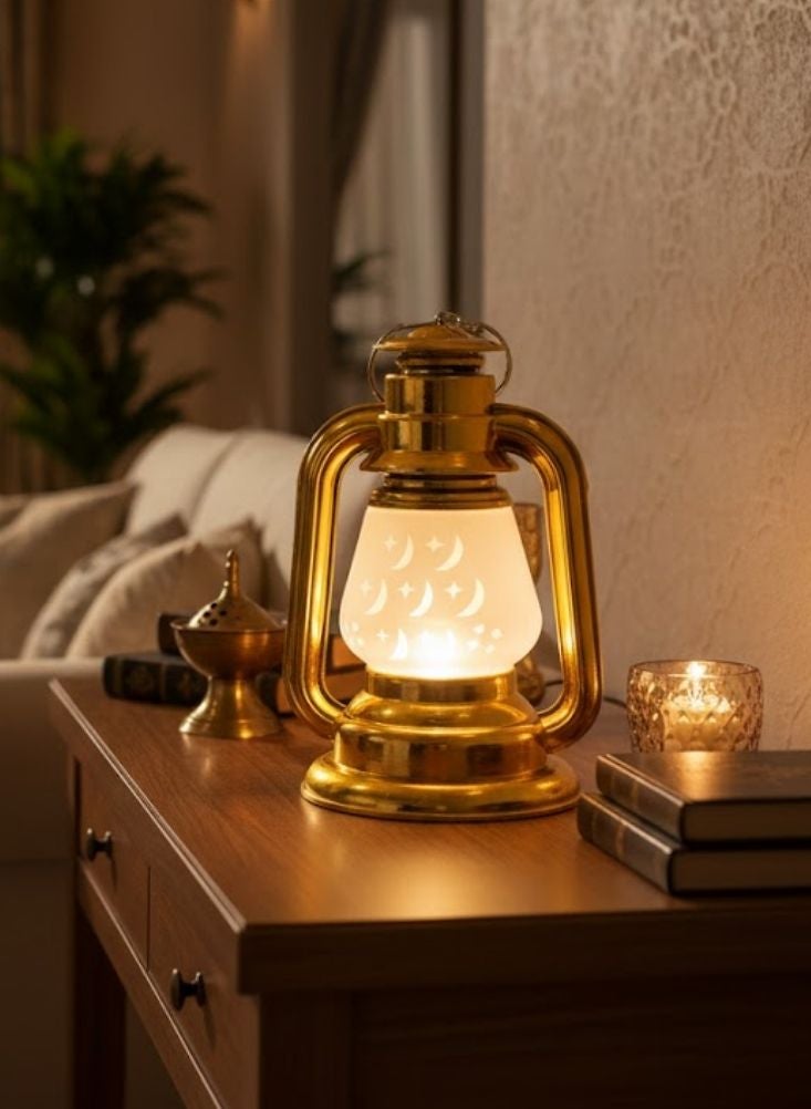 Premium Ramadan Decorative LED Lantern Light Gold Finish with Crescent Moon Pattern for Table Decor - Image 2